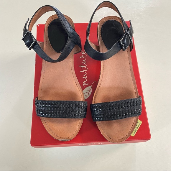 Nurture Shoes - Nurture Daviee Black Leather Woven Block Heel Sandals Womens 8 M Ankle Strap